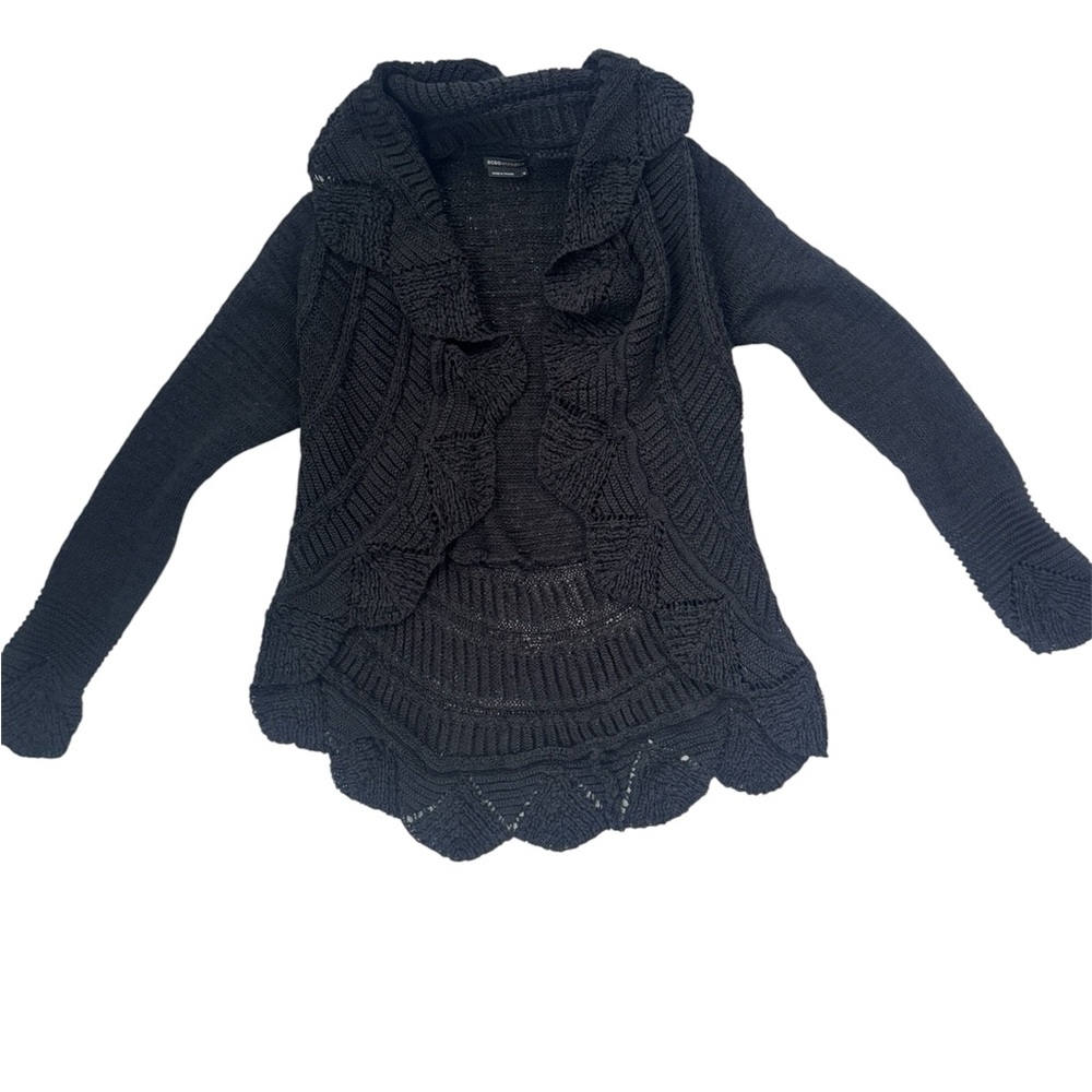 BCBGMAXAZRIA Gray Ruffle Knit Cardigan Sweater Open Front Boho